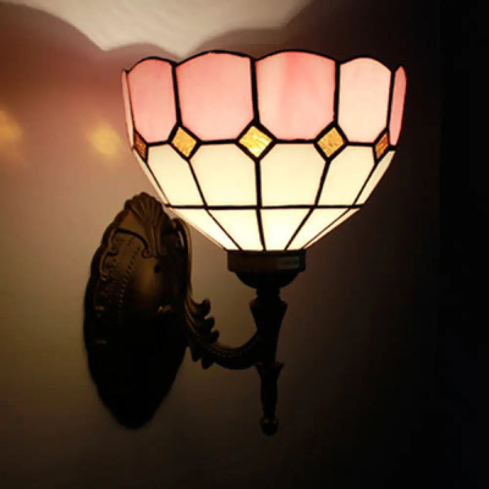 Retro Scalloped Stained Glass Wall Light - 1 Fixture In Yellow/Pink/Green For Stairway Pink