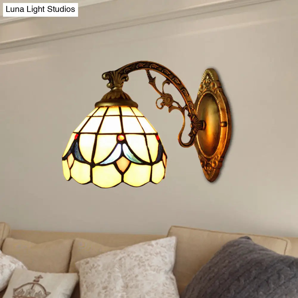 Retro Scalloped Wall Sconce Light: Stained Glass Bedroom Fixture With Tulip Pattern In Beige