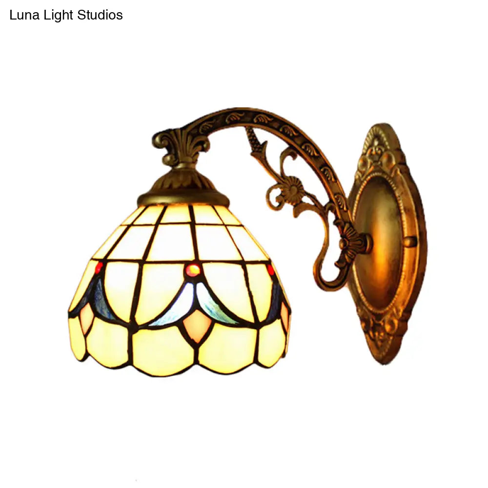 Retro Scalloped Wall Sconce Light: Stained Glass Bedroom Fixture With Tulip Pattern In Beige