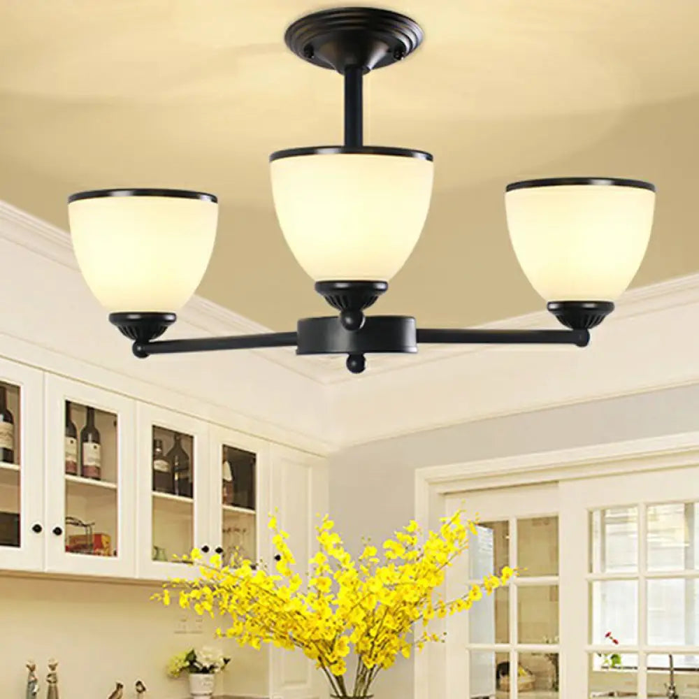 Retro Semi Flush Mount Metallic Ceiling Light With Black Finish And Bell Cream Glass Shade For