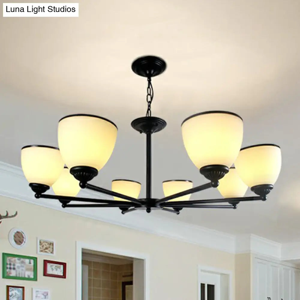 Retro Semi Flush Mount Metallic Ceiling Light With Black Finish And Bell Cream Glass Shade For