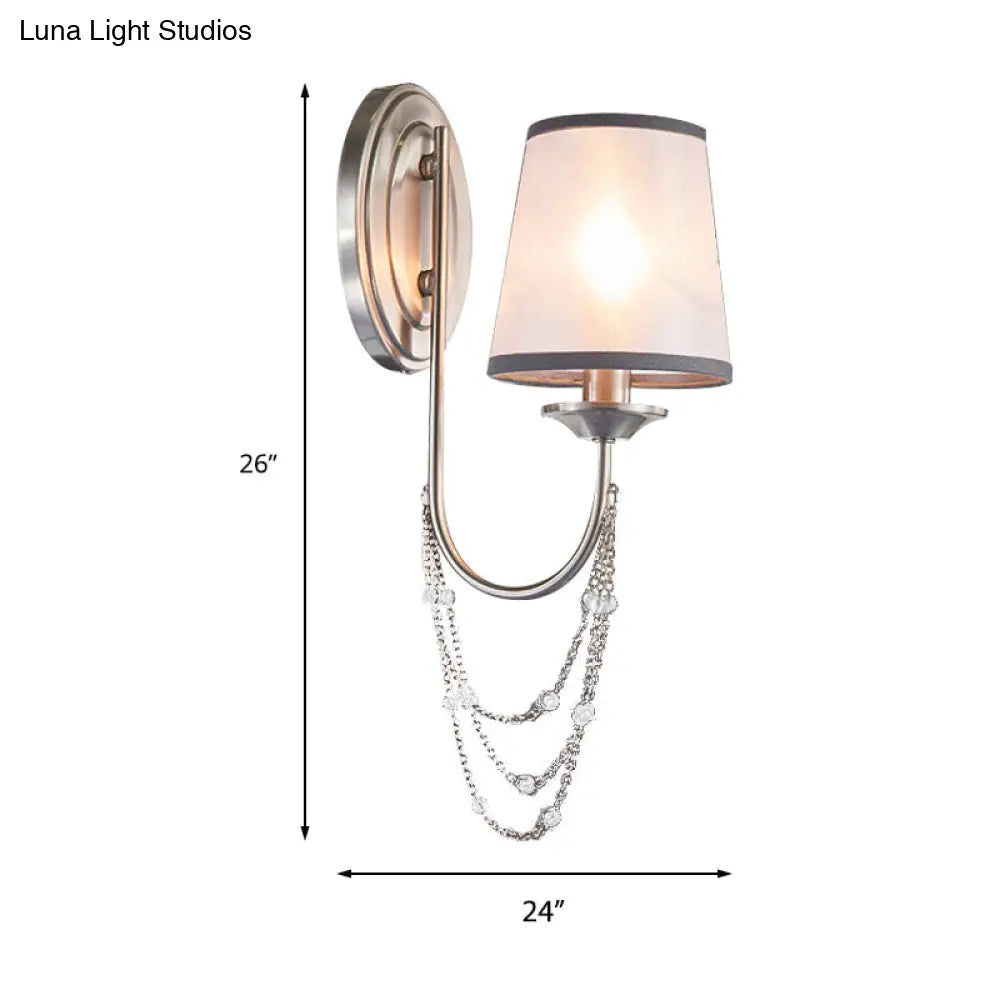 Retro Silver Wall Mount Lamp With Tapered Fabric Shade For Living Room Décor