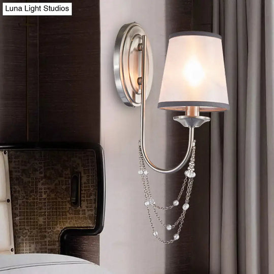 Retro Silver Wall Mount Lamp With Tapered Fabric Shade For Living Room Décor