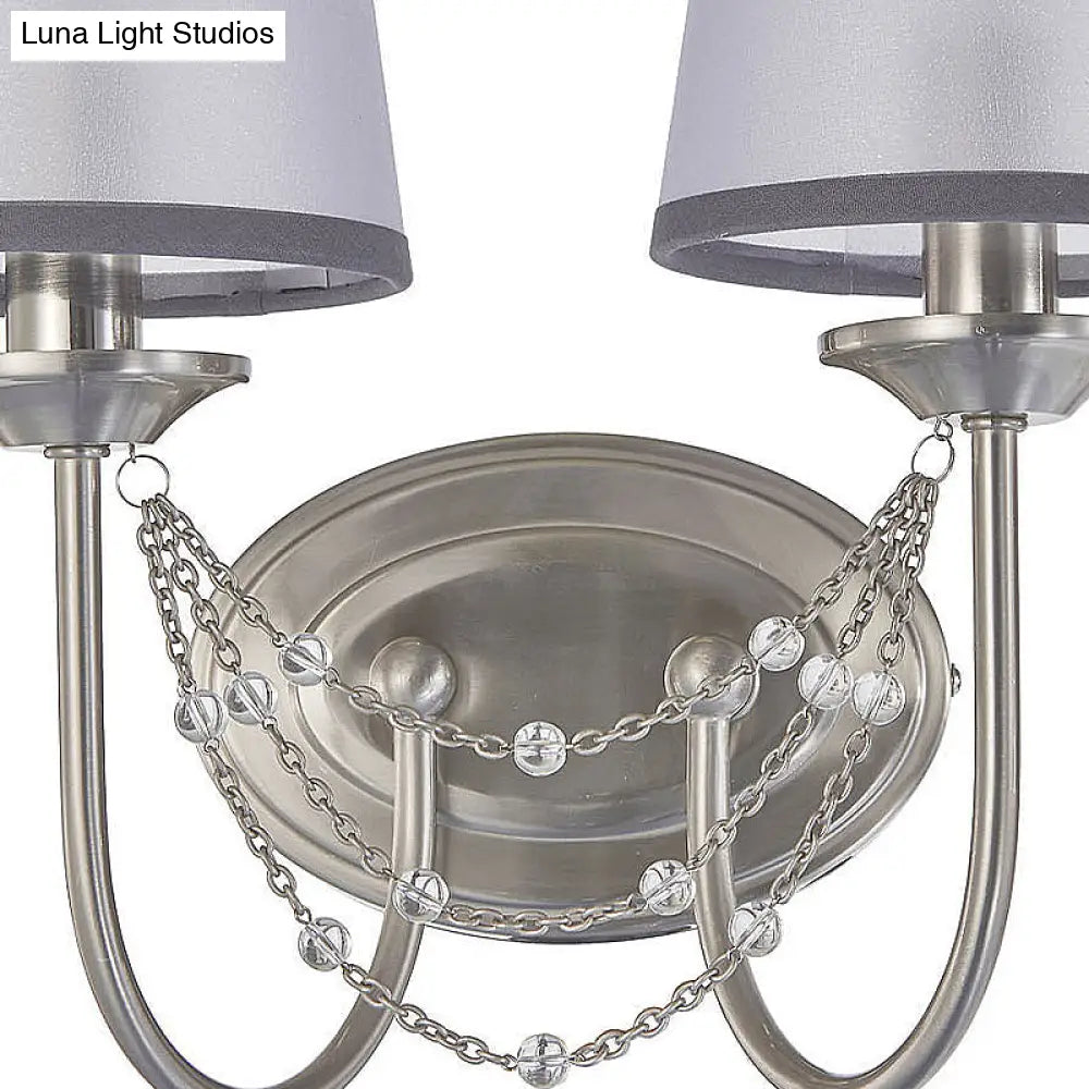 Retro Silver Wall Mount Lamp With Tapered Fabric Shade For Living Room Décor