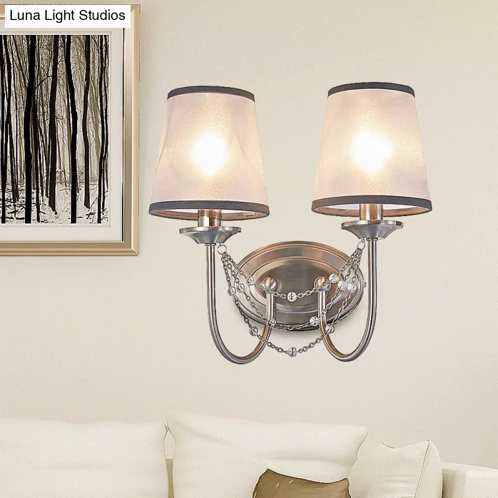 Retro Silver Wall Mount Lamp With Tapered Fabric Shade For Living Room Décor