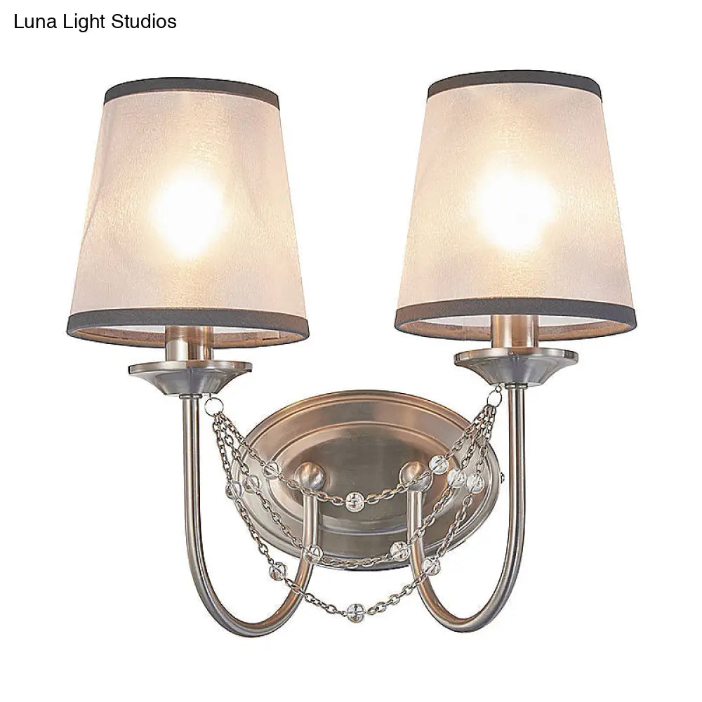 Retro Silver Wall Mount Lamp With Tapered Fabric Shade For Living Room Décor