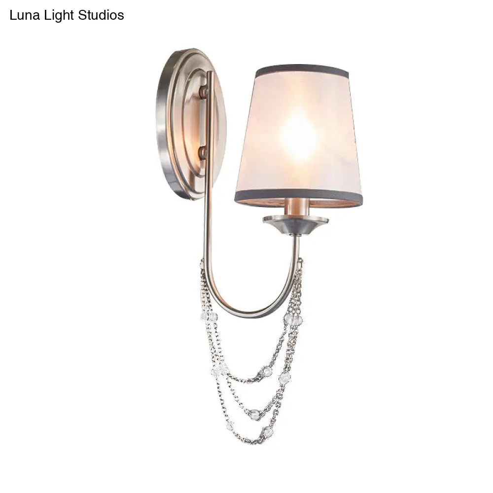 Retro Silver Wall Mount Lamp With Tapered Fabric Shade For Living Room Décor