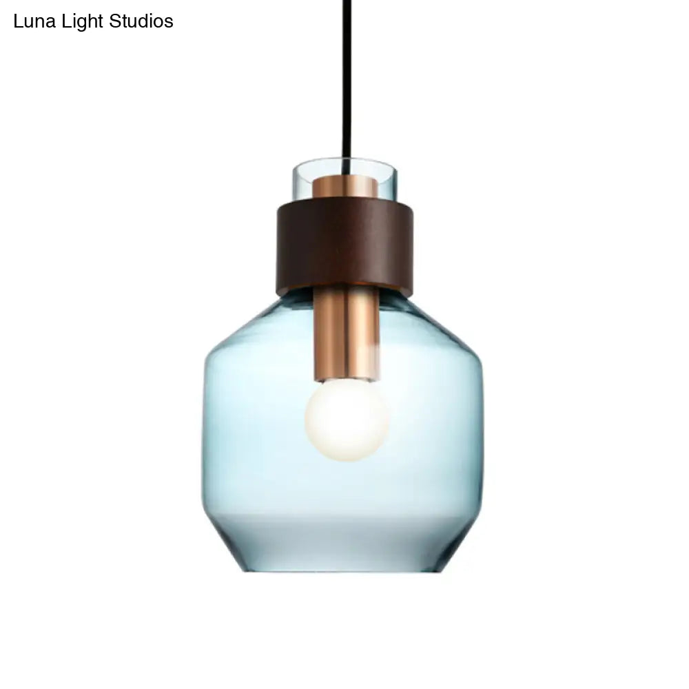 Blue Glass Bottle Pendulum Light - Retro Style Hanging Pendant With Wood Ring Lock