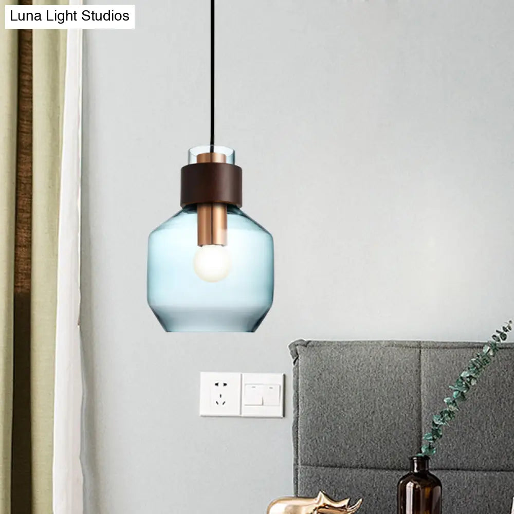 Retro Single Hanging Pendant Light: Blue Glass Bottle With Wood Ring Lock