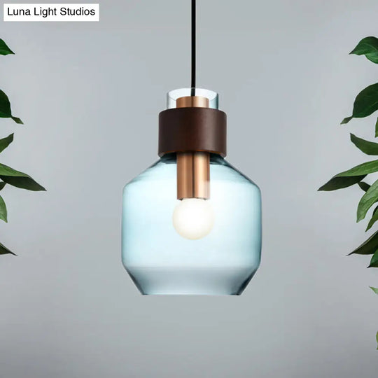 Blue Glass Bottle Pendulum Light - Retro Style Hanging Pendant With Wood Ring Lock