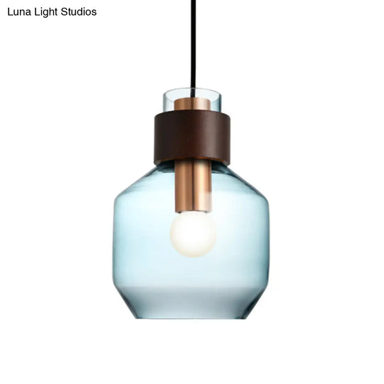 Retro Single Hanging Pendant Light: Blue Glass Bottle With Wood Ring Lock