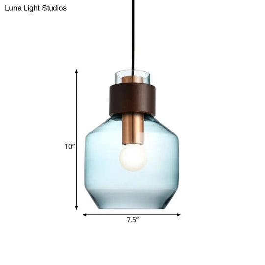 Blue Glass Bottle Pendulum Light - Retro Style Hanging Pendant With Wood Ring Lock