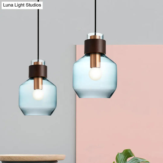 Retro Single Hanging Pendant Light: Blue Glass Bottle With Wood Ring Lock