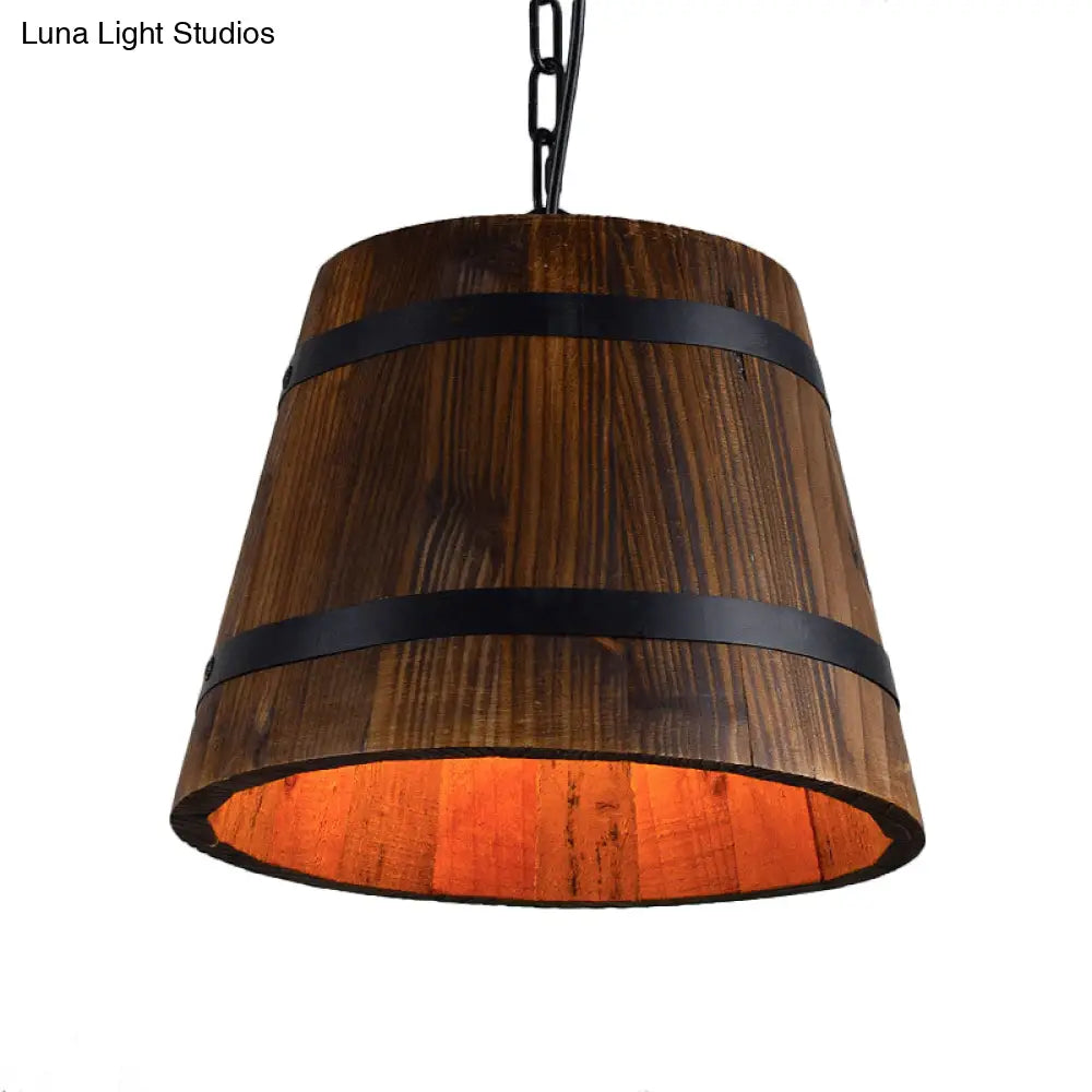 Retro Single Head Wood Bucket Hanging Light In Brown For Restaurants