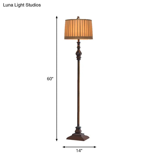 Retro Square Pedestal Floor Lamp: 1-Light Resin Light In Brown With Pleated Fabric Shade