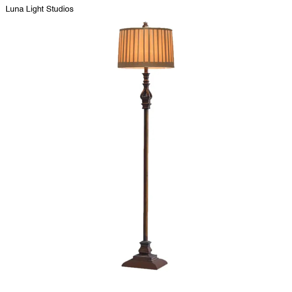 Retro Square Pedestal Floor Lamp: 1-Light Resin Light In Brown With Pleated Fabric Shade