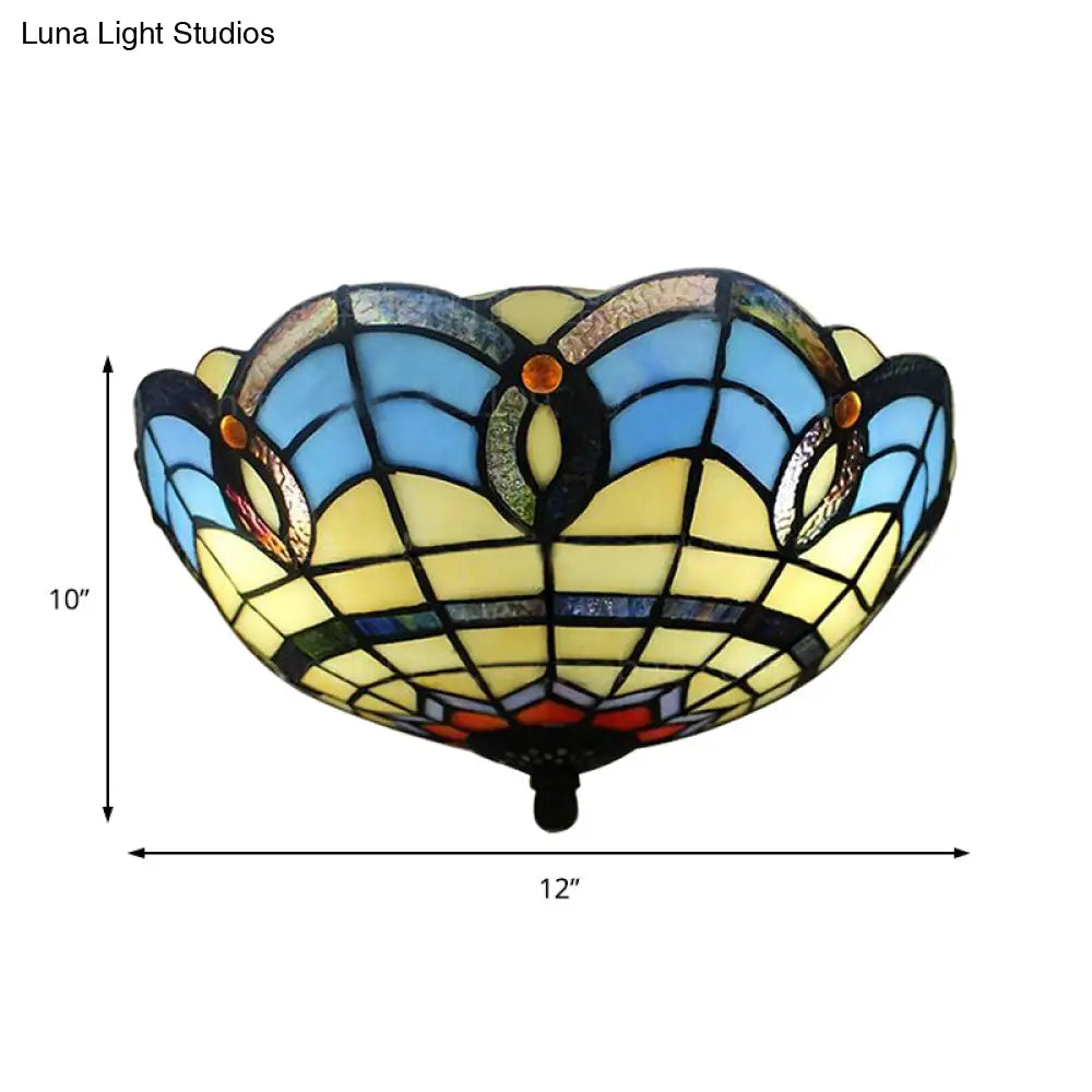 Stained Glass Flush Mount Light Fixture - Retro Bowl Shape 2 Lights Ideal For Dining Room