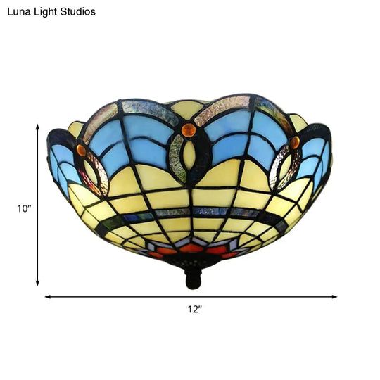 Stained Glass Flush Mount Light Fixture - Retro Bowl Shape 2 Lights Ideal For Dining Room