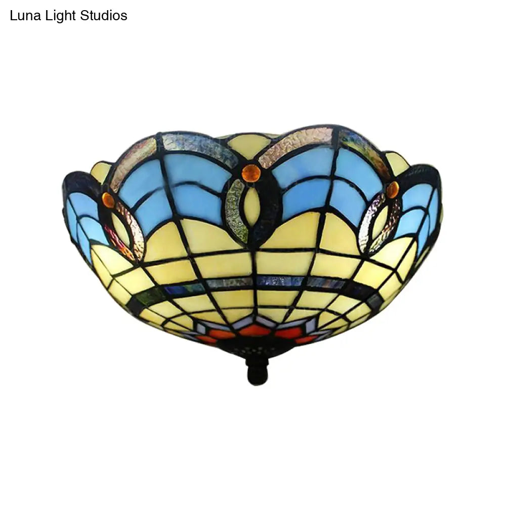 Retro Stained Glass 2-Light Flush Mount For Dining Room - Bowl Shade Light Fixture