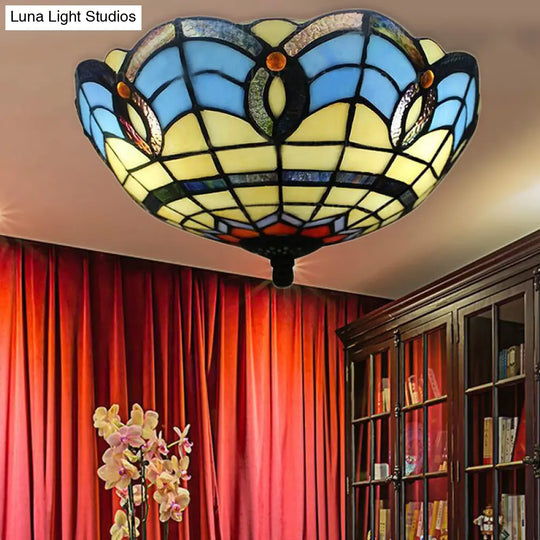 Stained Glass Flush Mount Light Fixture - Retro Bowl Shape 2 Lights Ideal For Dining Room