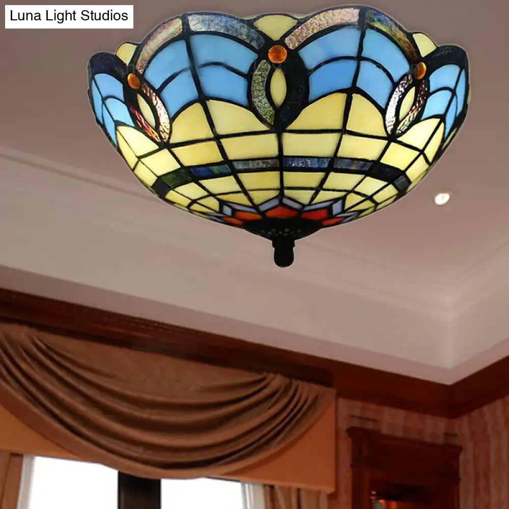 Stained Glass Flush Mount Light Fixture - Retro Bowl Shape 2 Lights Ideal For Dining Room