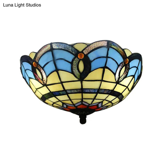 Stained Glass Flush Mount Light Fixture - Retro Bowl Shape 2 Lights Ideal For Dining Room