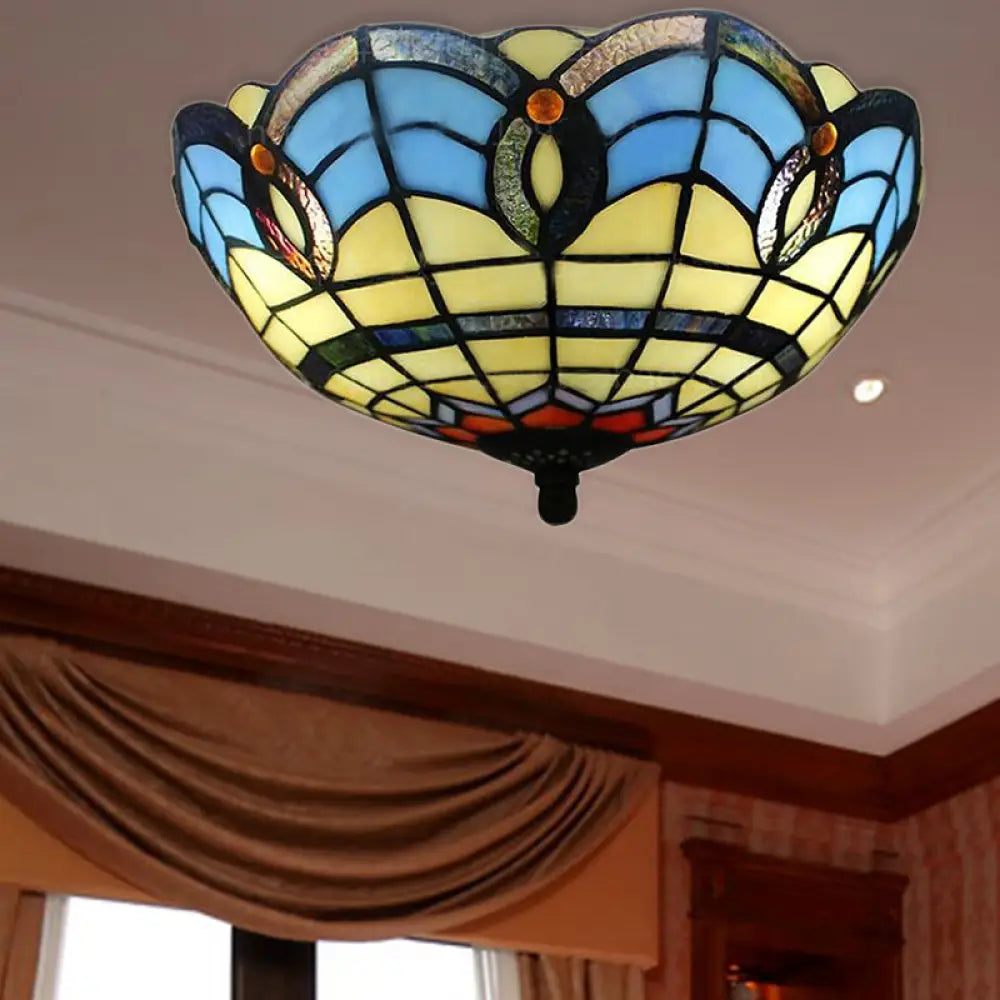 Retro Stained Glass 2-Light Flush Mount For Dining Room - Bowl Shade Light Fixture Yellow-Blue