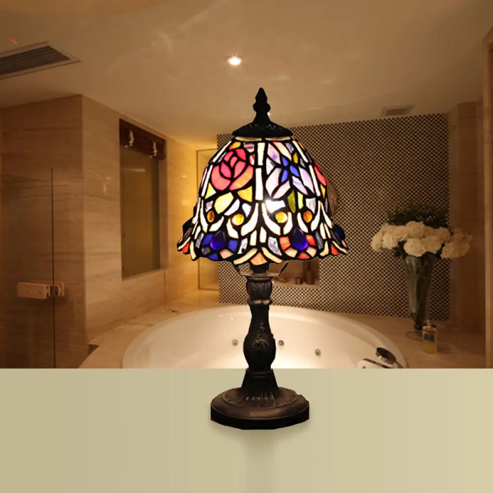 Retro Stained Glass Bedside Table Lamp - 1-Light Bell Accent Décor Brown