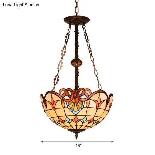 Retro Stained Glass Bowl Ceiling Light With 3 Heads For Bedroom Lighting