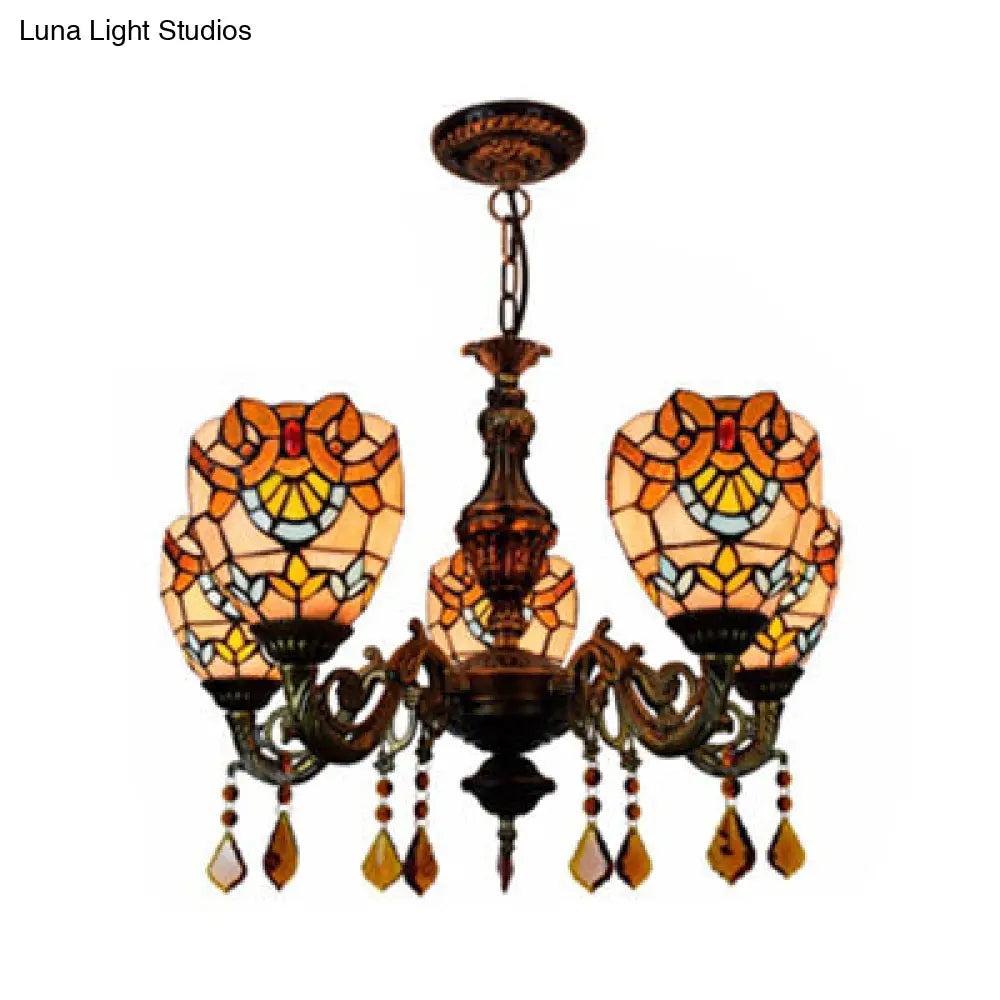 Retro Stained Glass Bowl Chandelier With Crystal Accent - 5 Lights For Bedroom Pendant