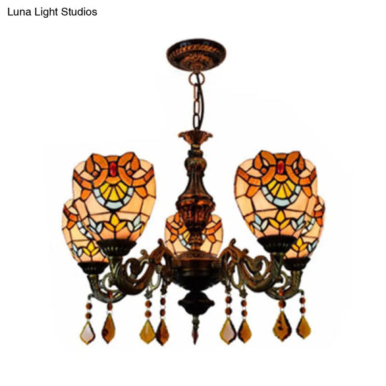 Retro Stained Glass Bowl Chandelier With Crystal Pendant - 5 Lights For Bedroom