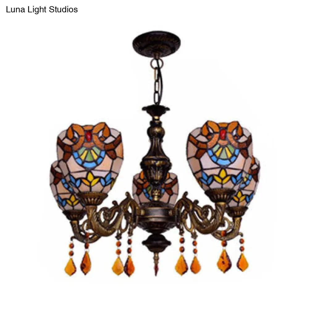 Retro Stained Glass Bowl Chandelier With Crystal Accent - 5 Lights For Bedroom Pendant