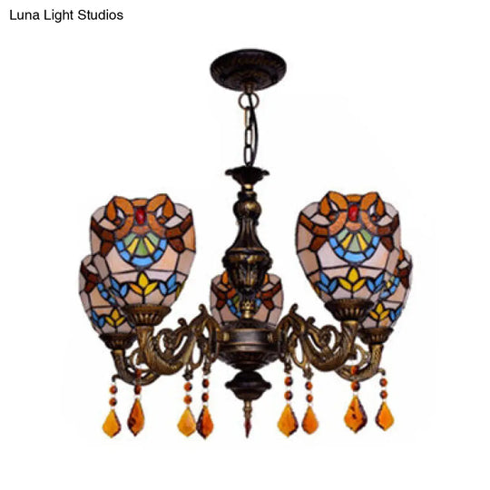 Retro Stained Glass Bowl Chandelier With Crystal Accent - 5 Lights For Bedroom Pendant