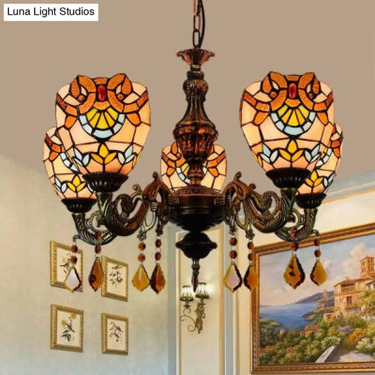 Retro Stained Glass Bowl Chandelier With Crystal Accent - 5 Lights For Bedroom Pendant Beige