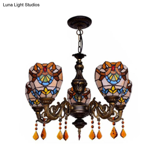 Retro Stained Glass Bowl Chandelier With Crystal Pendant - 5 Lights For Bedroom