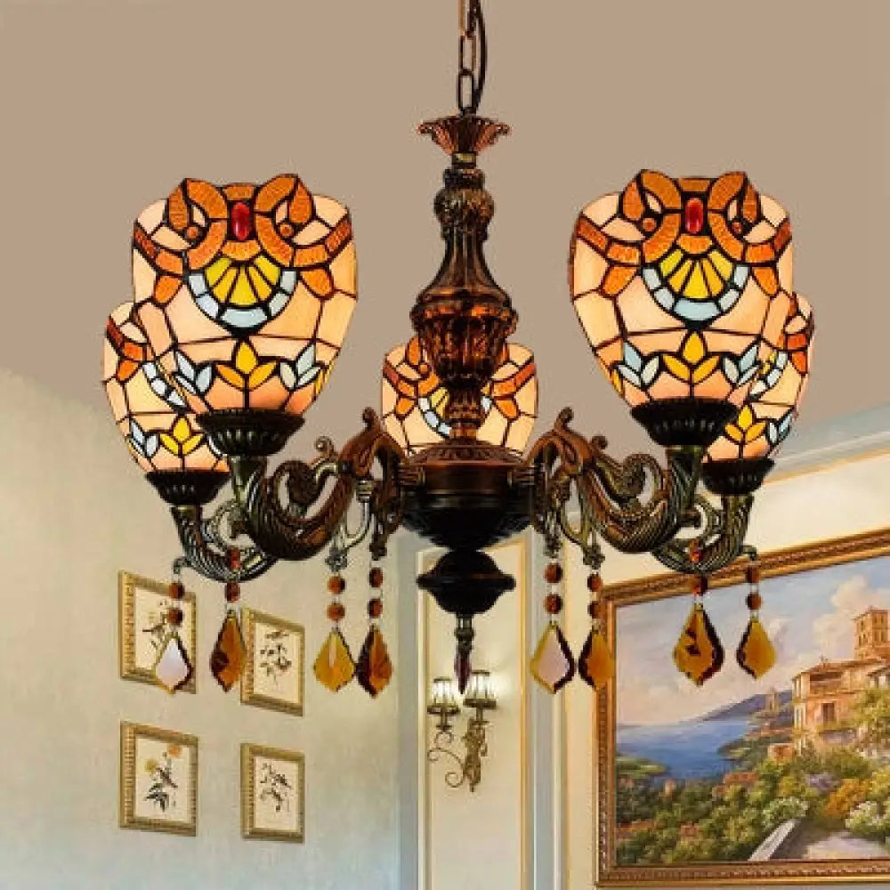 Retro Stained Glass Bowl Chandelier With Crystal Pendant - 5 Lights For Bedroom Beige