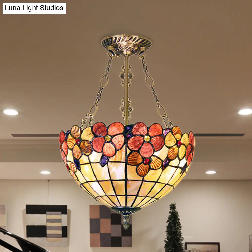 Retro Stained Glass Ceiling Fixture - Bowl Design With 3 Heads For Bedroom Lighting Beige