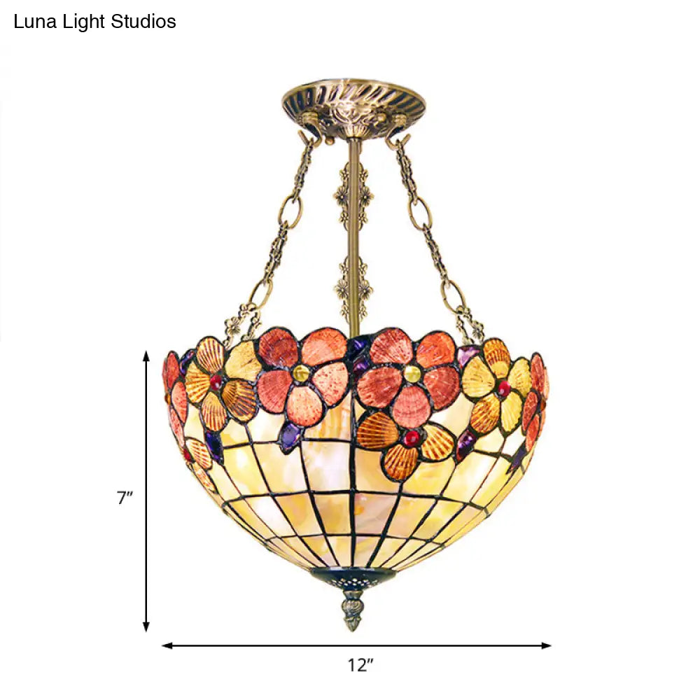Retro Stained Glass Ceiling Fixture - Bowl Design With 3 Heads For Bedroom Lighting