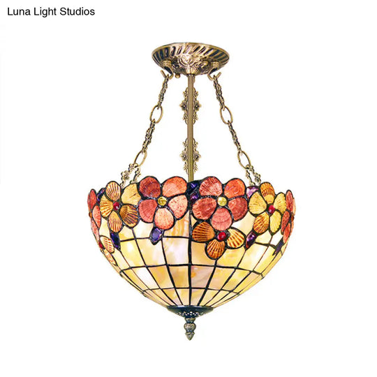 Retro Stained Glass Ceiling Fixture - Bowl Design With 3 Heads For Bedroom Lighting