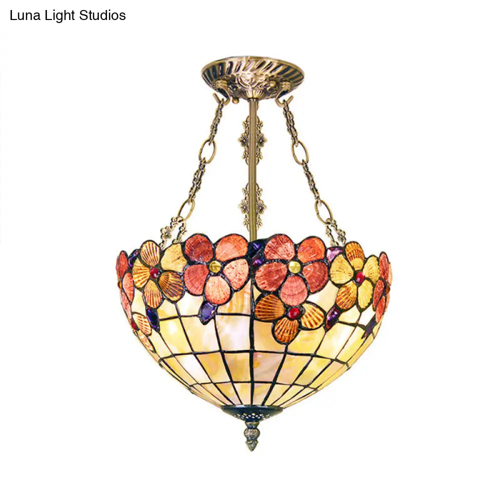 Retro Stained Glass Ceiling Fixture - Bowl Design With 3 Heads For Bedroom Lighting