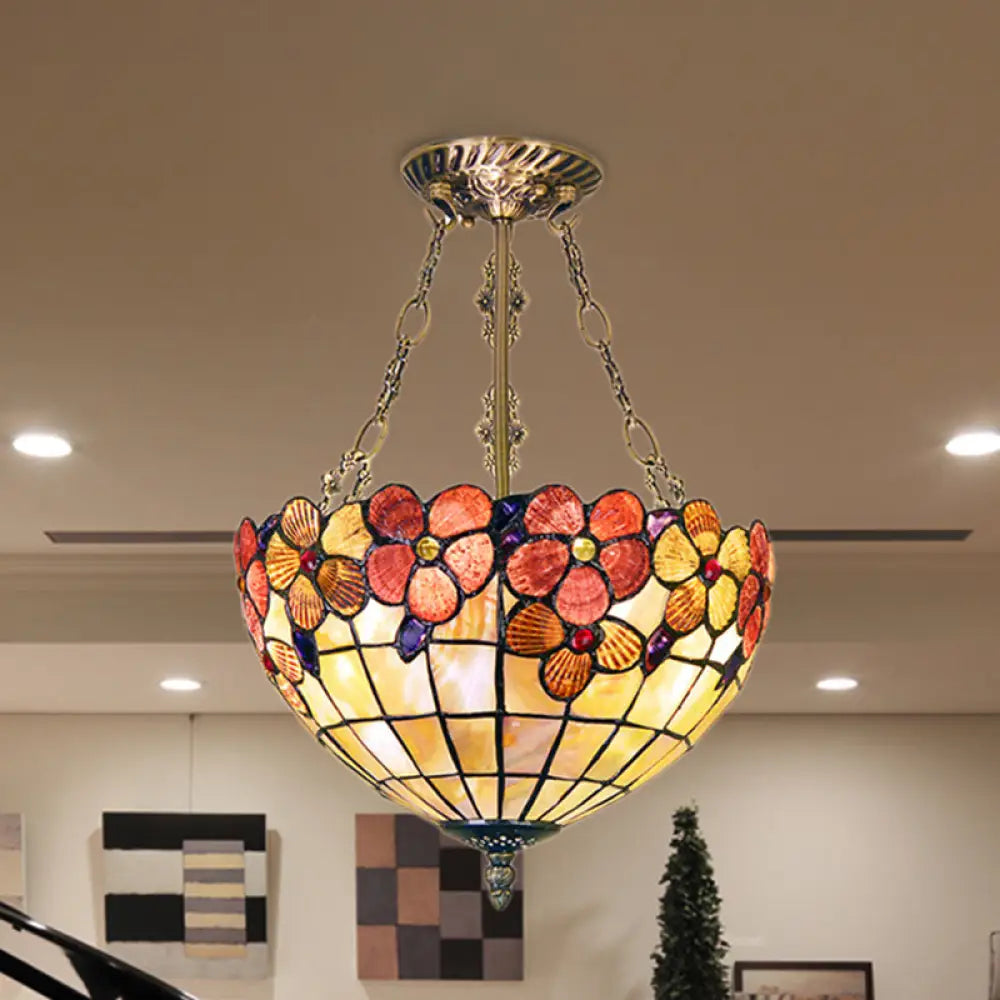 Retro Stained Glass Ceiling Fixture - Bowl Design With 3 Heads For Bedroom Lighting Beige