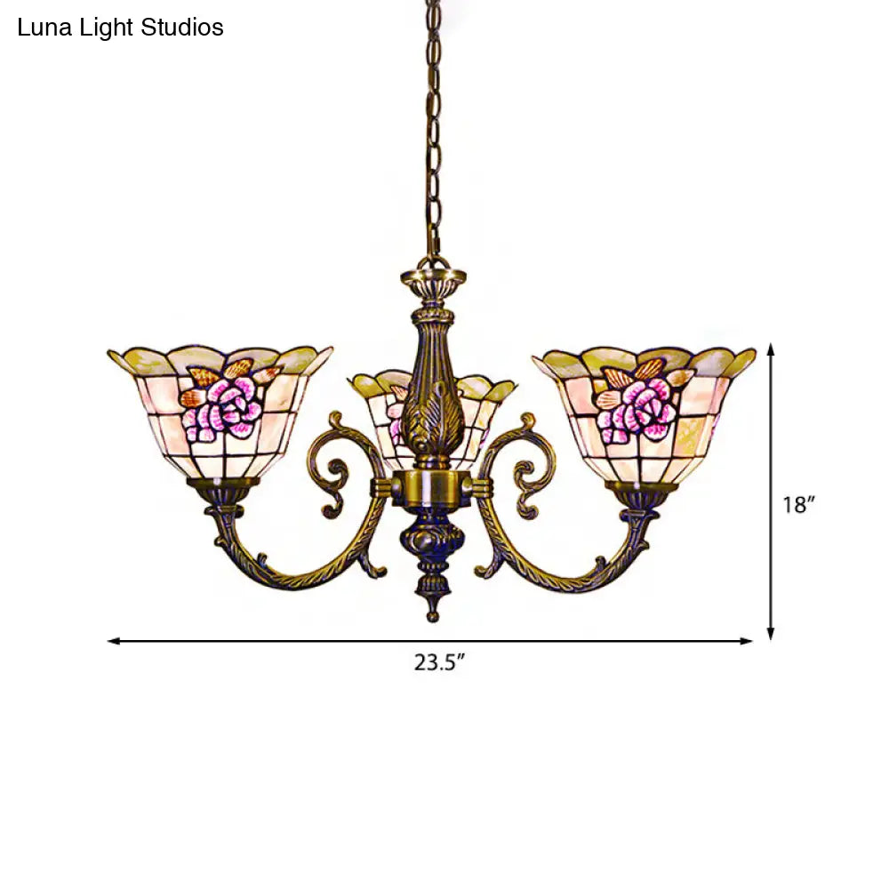 Retro Style Stained Glass Flower Chandelier Light Bell Shape 3 Heads Chain Included Perfect For