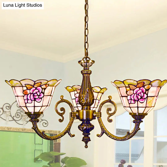 Retro Style Stained Glass Flower Chandelier Light Bell Shape 3 Heads Chain Included Perfect For