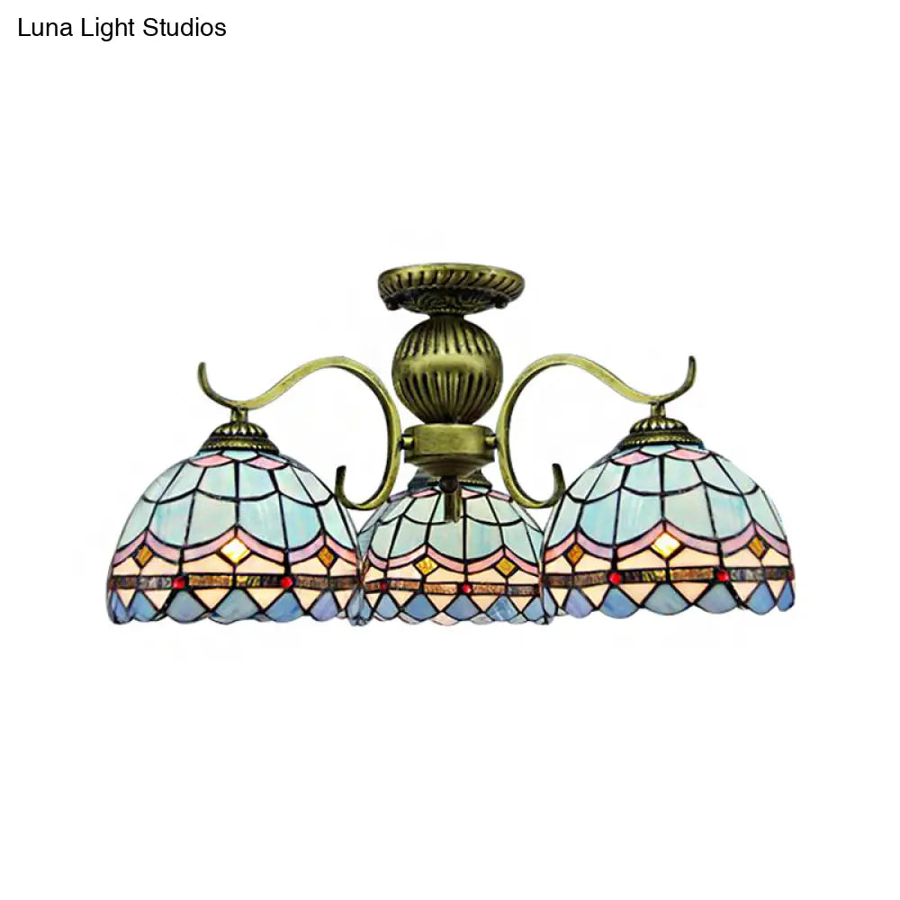 Retro Stained Glass Chandelier In Blue With 3 Lights