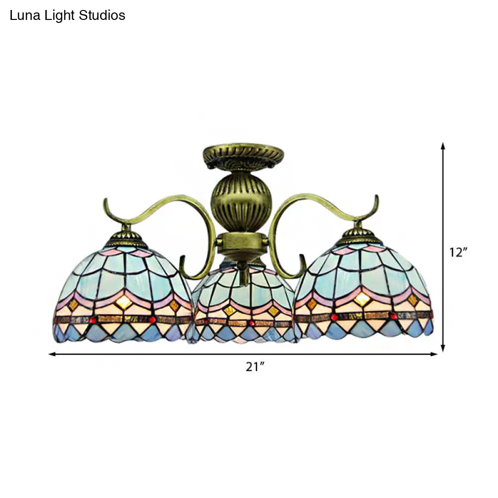 Retro 3-Light Stained Glass Chandelier In Blue - Suspended Bowl Lamp Fixture