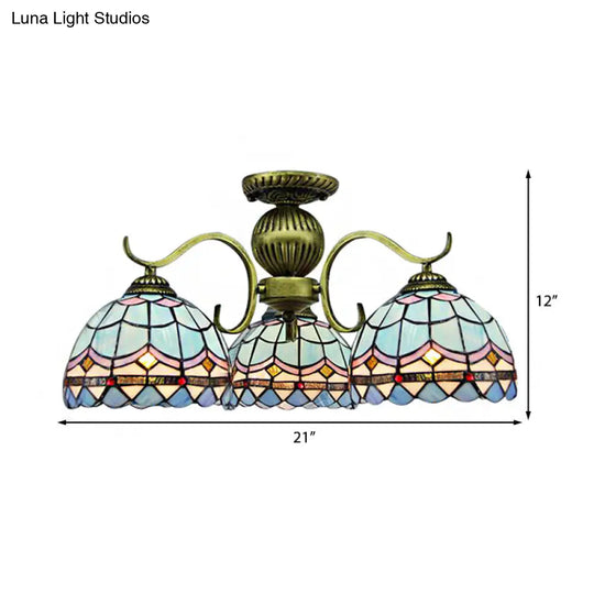 Retro 3-Light Stained Glass Chandelier In Blue - Suspended Bowl Lamp Fixture