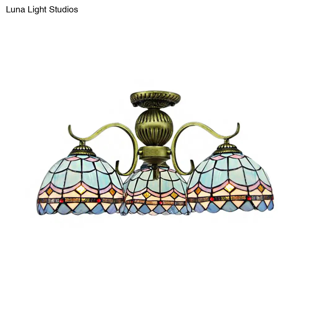 Retro 3-Light Stained Glass Chandelier In Blue - Suspended Bowl Lamp Fixture