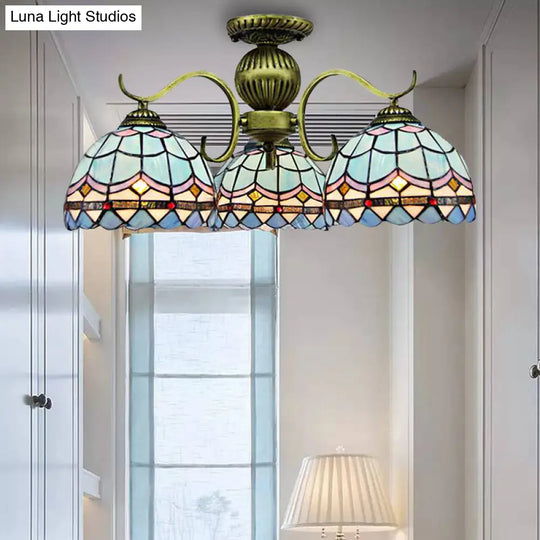 Retro 3-Light Stained Glass Chandelier In Blue - Suspended Bowl Lamp Fixture