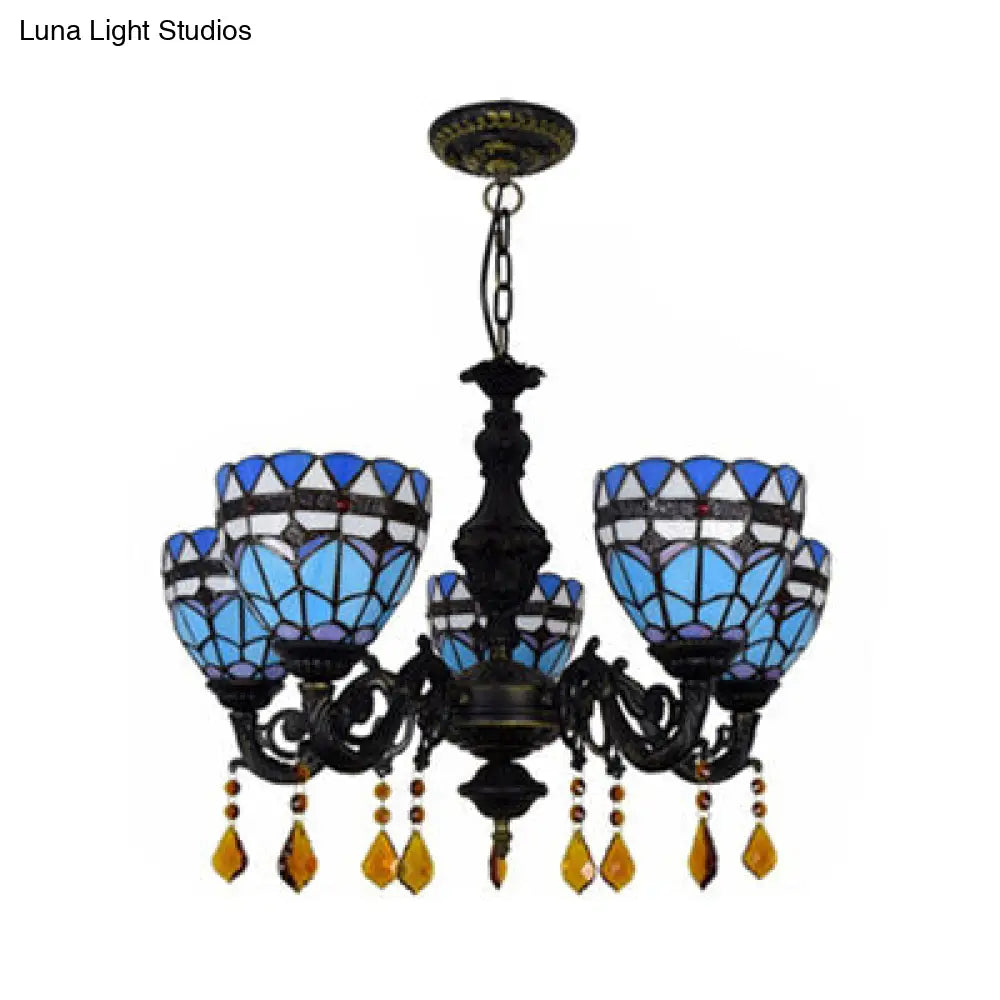 Retro Stained Glass Chandelier With Crystal Accents - 5 Tulip Hanging Lights In Blue