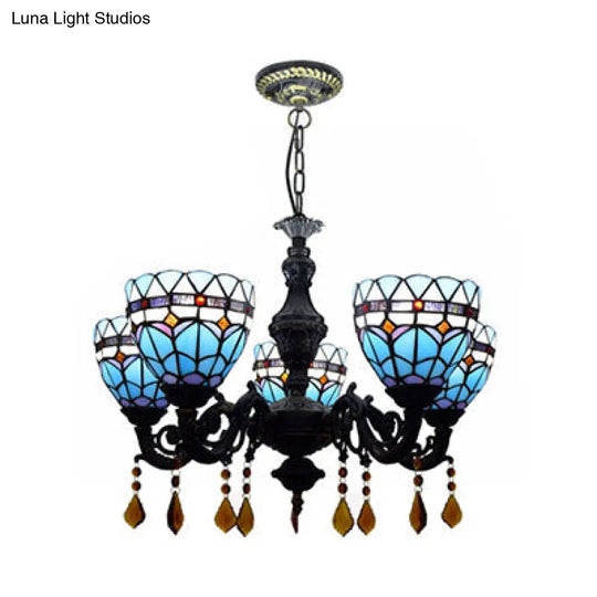 Retro Stained Glass Chandelier Light | Domed Design 5 Tulip Lights With Crystal Accents In Blue